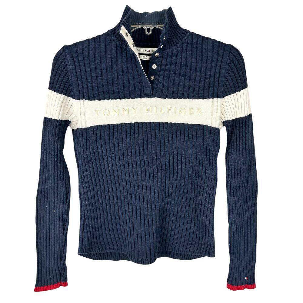 Tommy Hilfiger Vintage Y2K 2005 Ribbed Fitted Logo Snap Front Sweater S